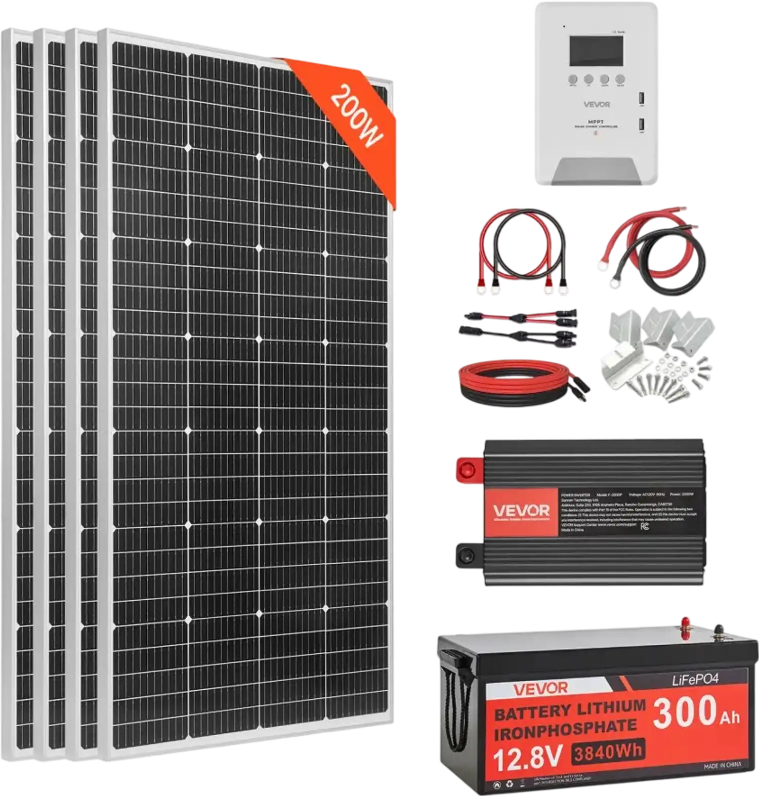 Vevor Solar Power Kit 800W 12V Complete Off-Grid System with 4 x 200W Monocrystalline Panels, 300Ah LiFePO4 Battery, 60A MPPT Controller & 2000W Inverter New