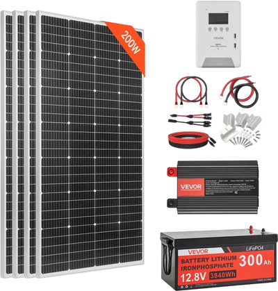 Vevor Solar Power Kit 800W 12V Complete Off-Grid System with 4 x 200W Monocrystalline Panels, 300Ah LiFePO4 Battery, 60A MPPT Controller & 2000W Inverter New