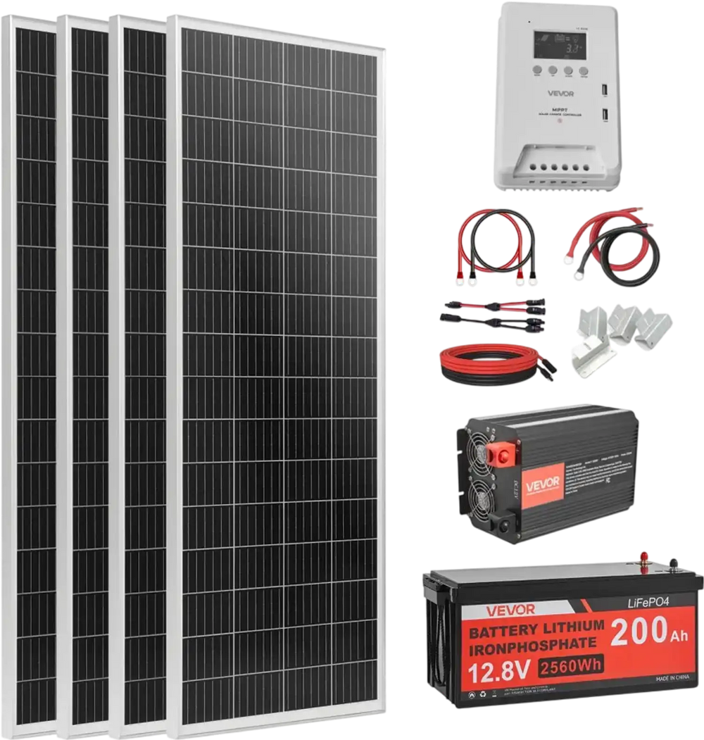 VEVOR 400W 12V Complete Solar Power Kit, 4PCS 100W Monocrystalline Solar Panels + 12.8V 200Ah LiFePO₄ Battery + 40A MPPT Charge Controller + 2000W Power Inverter for RV Home Camping Boats Off-Grid