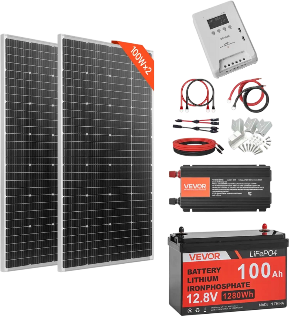 VEVOR 400W 12V Complete Solar Power Kit, 2PCS 200W Monocrystalline Solar Panels + 12.8V 100Ah LiFePO₄ Battery + 40A MPPT Charge Controller + 1000W Power Inverter for RV Home Camping Boats Off-Grid