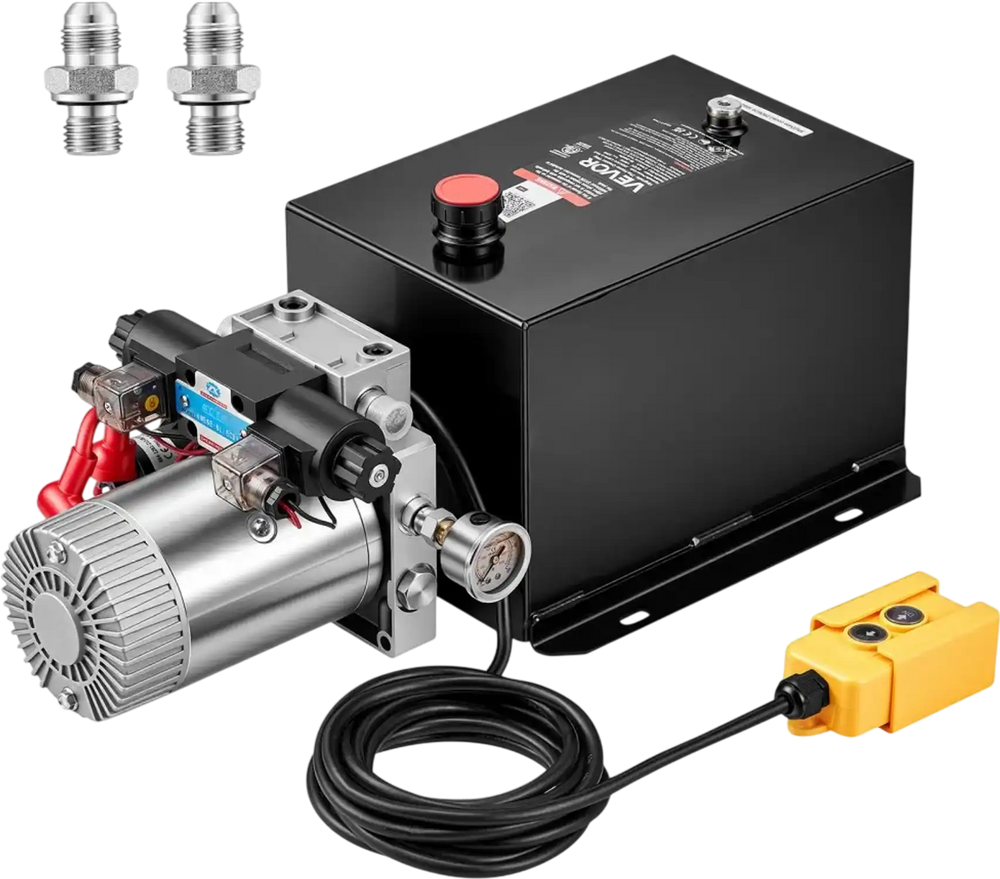 VEVOR 12 Quart Hydraulic Pump, DC12V 1.6KW Double Acting Dump Trailer Pump, 3200 PSI Max Relief Pressure, 0.91 GPM Flow Rate, with Pressure Gauge for Dump Trailer Car Lifting (Horizontal Installation)