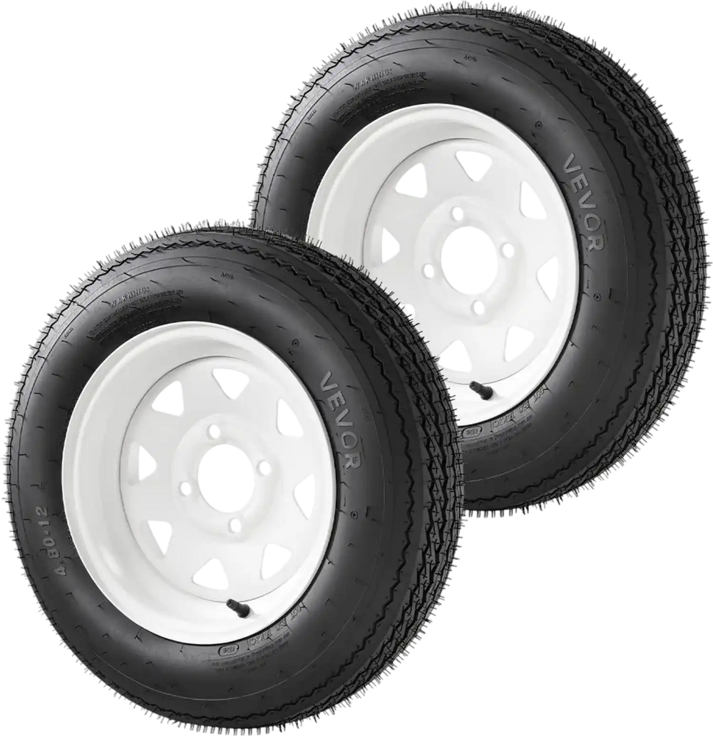 VEVOR 2-Pack Trailer Tire Rim Assembly 4.80-12 with 4 Lug on 4 in PCD, 6 Ply Load Range C Trailer Tire on 12" White Rims, 2.8 in Center Bore, Max Load 990LBS 90PSI for Utility/Boat/Camper Trailers