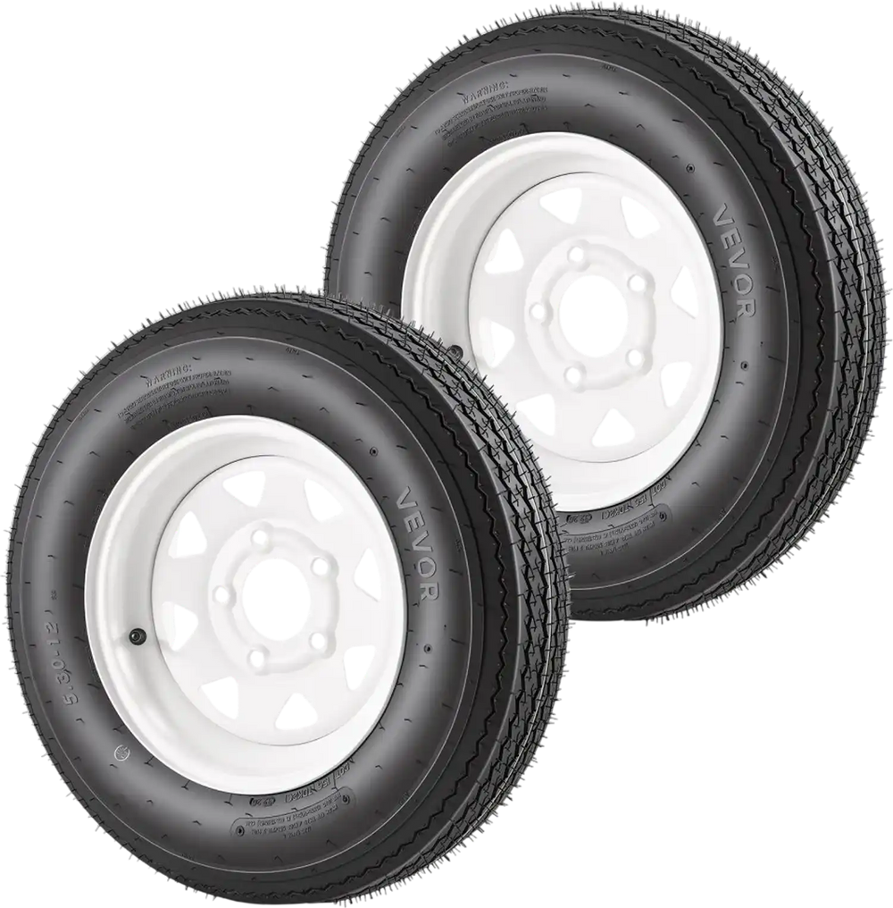 VEVOR 2-Pack Trailer Tire Rim Assembly 5.30-12 with 5 Lug on 4.5 in PCD, 6 Ply Load Range C Trailer Tire on 12" White Rims, 2.8 in Center Bore, Max Load 1050LBS 80PSI for Utility/Boat/Camper Trailers