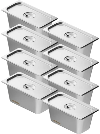 Vevor Steam Table Pan 8-Pack 1/3 Size Stainless Steel Hotel Pans with Lids 6