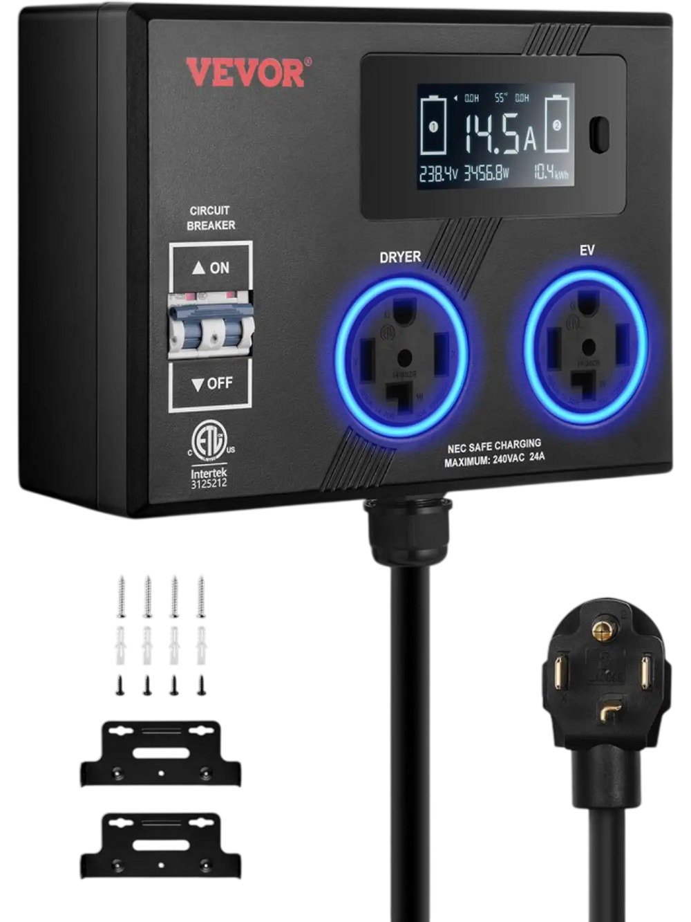 VEVOR NEMA Splitter for Dryer and EV, 3-Color LED Indicator, 240V Smart Power Distribution, With NEMA 14-30 Plug, Two NEMA 14-30 Outlets, 3.4 in LCD Screen, Max 24A Dryer EV, Tested to ETL Standard
