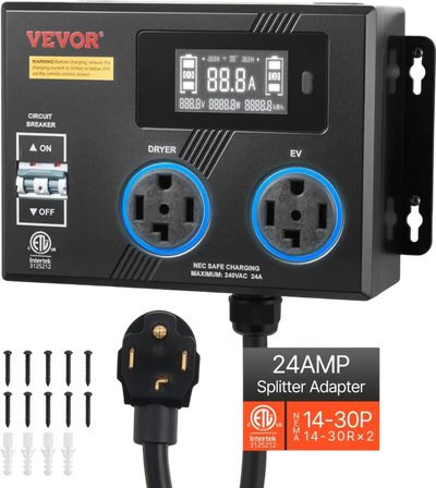 VEVOR Automatic EV Charging Switch, NEMA 14-30, Splitter Switch for Dryer & EV Charger, 24A Max 240V Smart Power Distribution with Circuit Breaker, Real-Time Display, for EVs, Ovens, Dishwashers, ETL