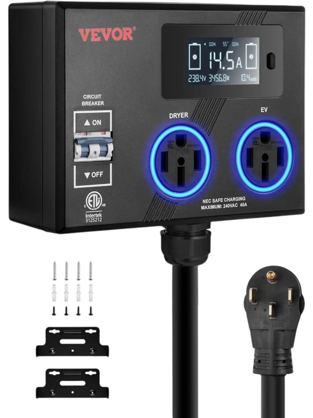 VEVOR NEMA Splitter for Dryer and EV, 3-Color LED Indicator, 240V Smart Power Distribution, With NEMA 14-50 Plug, Two NEMA 14-50 Outlets, 3.4 in LCD Screen, Max 40A Dryer EV, Tested to ETL Standard