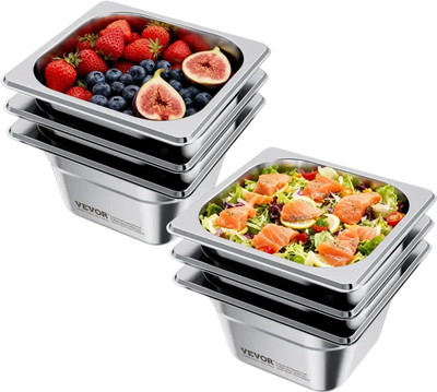 VEVOR 6 Pack Stainless Steam Hotel Pans, 1/6 Size Table Steam Pan, 4 Inch Deep, Anti Jam Restaurant Supplies Reusable Rustproof Catering Storage for Home, Party, Restaurant, Hotel, Buffet