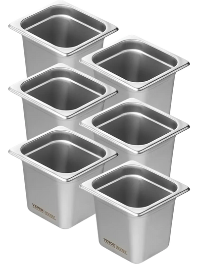 VEVOR 6 Pack Hotel Pans, 1/6  Size Anti-Jam Steam Pan, 0.8mm Thick Stainless Steel Restaurant Steam Table Pan, 6-Inch Deep Commercial Table Pan, Catering Storage Food Pan, for Industrial & Scientific