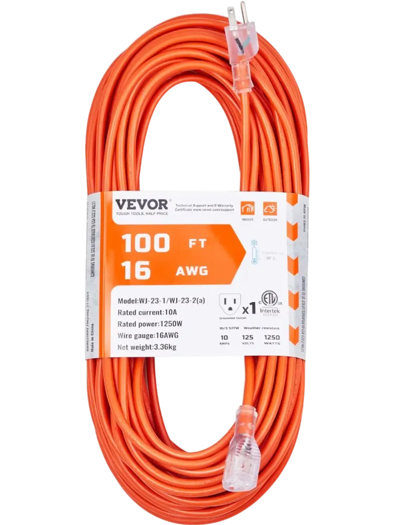 Vevor Extension Cord 100' Indoor Outdoor Lighted End 16 AWG 1250W New