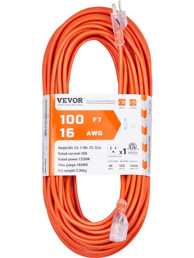 VEVOR 100FT Indoor Outdoor Extension Cord, 16AWG 10Amps 1250W, 3 Prongs Appliance Electric Cord with Lighted End, Flexible & -40°C Cold-Resistant for Office Home Use, ETL Listed