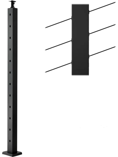 VEVOR Cable Railing Post, 42x1x2 Inch Stair Railing Post, with Pre-Drilled 30° Angled Holes, Stainless Steel Cable Rail Post with Horizontal and Curved Bracket, 1-Pack, Black, 1JZLGZXHS106VRA3X001V0