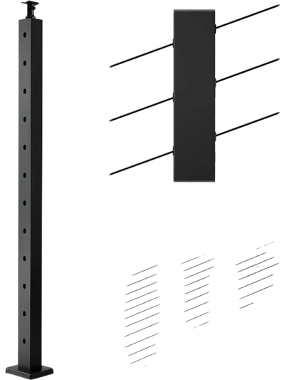 VEVOR Cable Railing Post, 42x2x2 Inch Stair Railing Post, with Pre-Drilled 30° Angled Holes, Stainless Steel Cable Rail Post with Horizontal and Curved Bracket, 1-Pack, Black, 1JZLGZXHS106W3XAA001V0