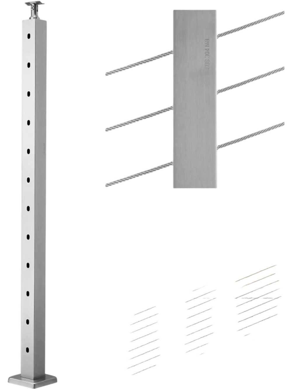 VEVOR Cable Railing Post, 42x2x2 Inch Stair Railing Post, with Pre-Drilled 30° Angled Holes, Stainless Steel Cable Rail Post with Horizontal and Curved Bracket, 1-Pack, Silver, 1JZLGZXYS1062TLWC001V0