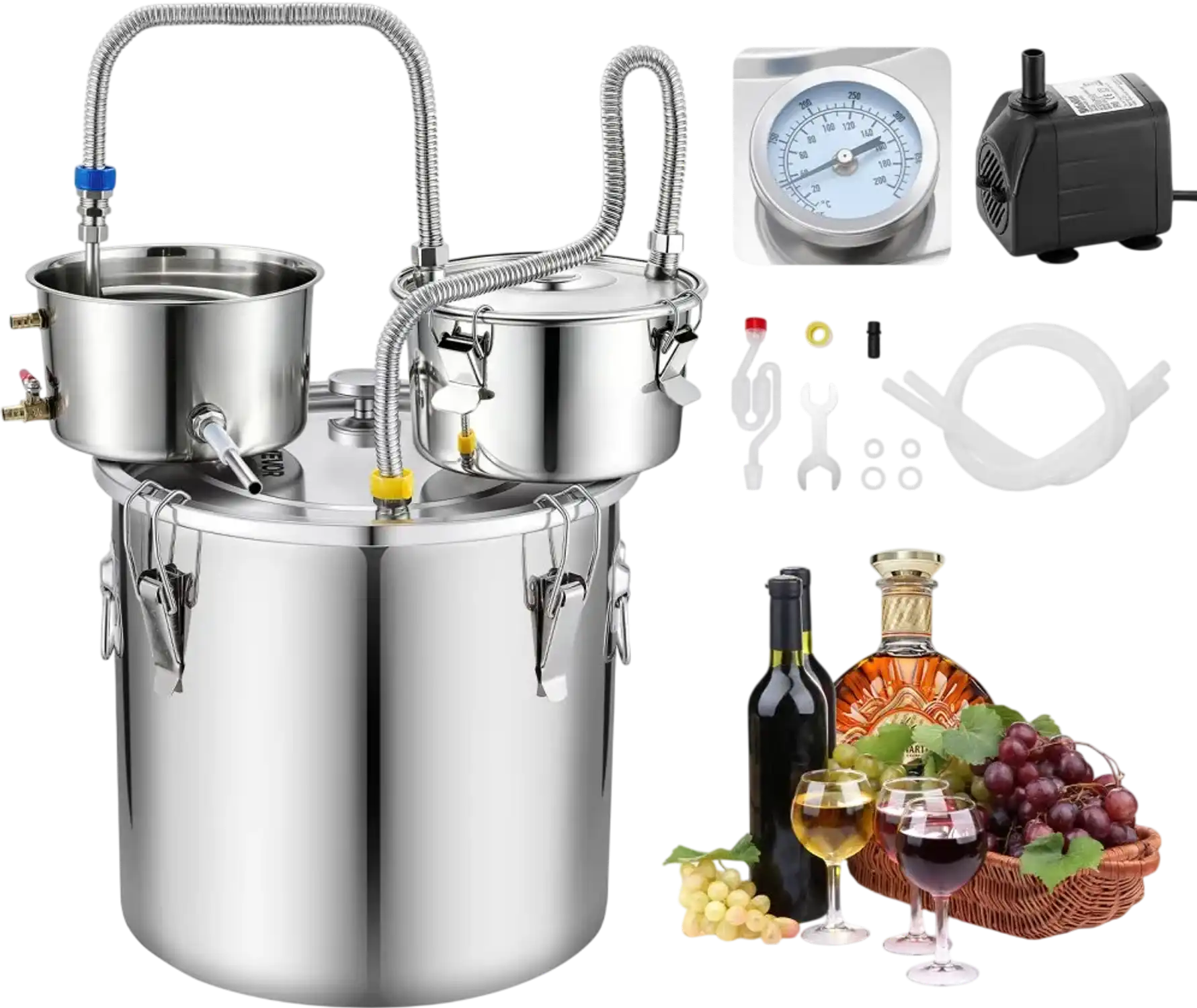 Vevor Alcohol Still 8 gal/30 L Distiller with Thumper Keg, Dual-Scale Thermometer & Water Pump New