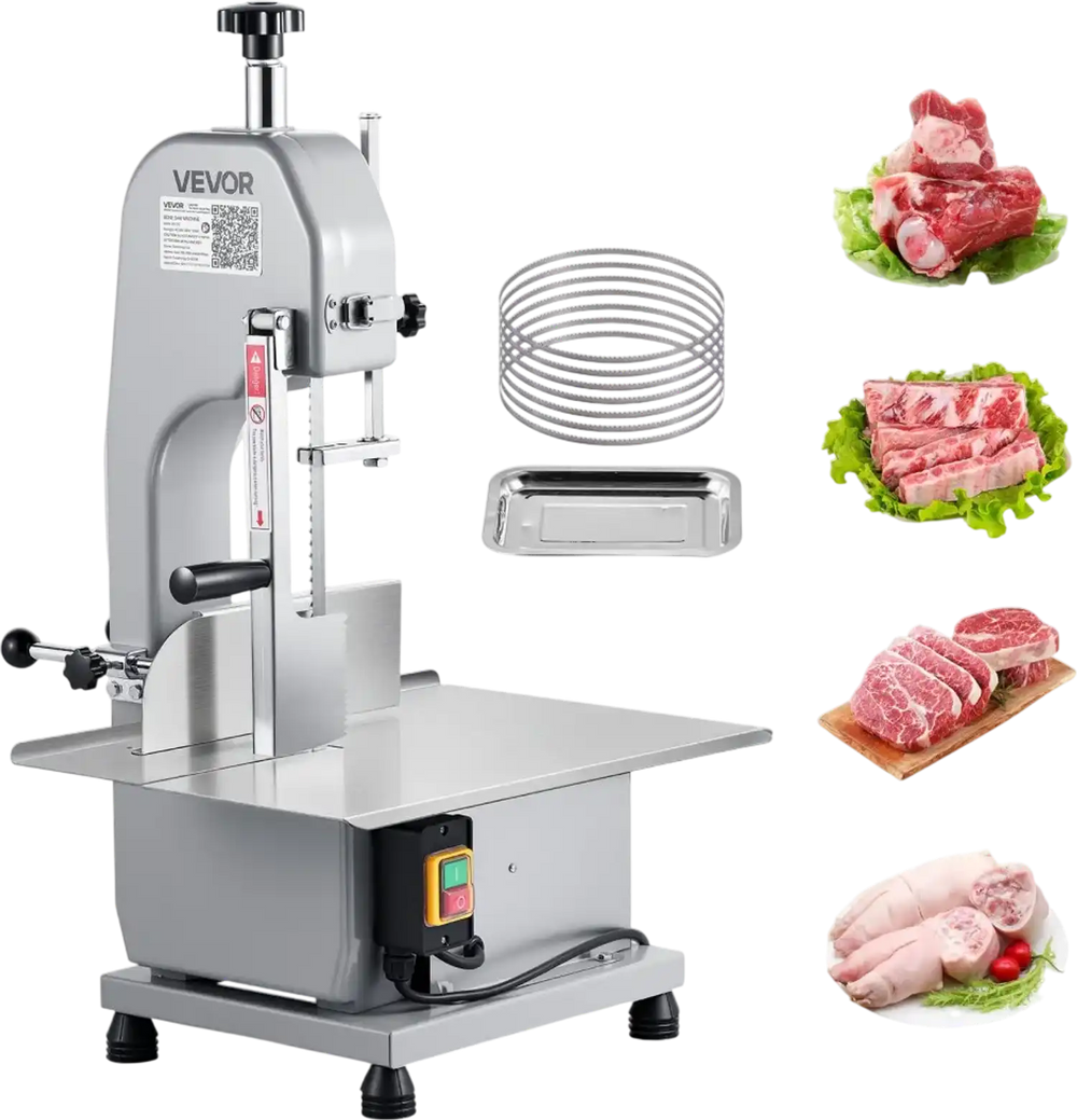 VEVOR Commercial Electric Meat Bandsaw, 1500W Bone Sawing Machine with 12.4" x 18.1" Workbench, 0-4.3" Cutting Thickness, 7 Extra Replacement Blades, for Cutting Bone, Frozen Meat, Pork, Beef & Ribs