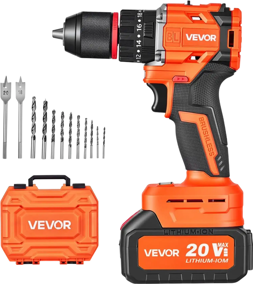 VEVOR Hammer Drill 20V 1/2 in 30000 IPM Brushless Cordless Impact Drill Kit, for Drilling Wood Metal Screw Driving, 4000 mAh Lithium-Ion Battery Pack and Charger, with All-Metal Chuck, Compact Design