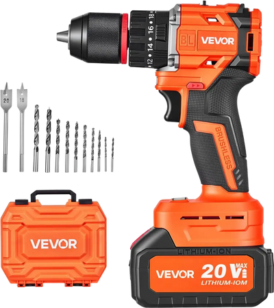VEVOR Hammer Drill 20V 1/2 in 30000 IPM Brushless Cordless Impact Drill Kit, for Drilling Wood Metal Screw Driving, 4000 mAh Lithium-Ion Battery Pack and Charger, with All-Metal Chuck, Compact Design