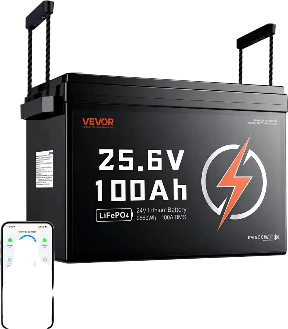 VEVOR 24V 100Ah LiFePO4 Lithium Battery 4000+ Cycles 100A BMS with Bluetooth, 2560Wh Lithium Battery with Low Temperature Protection, Supports 8P2S Connection, for RV, Trolling Motor, Marine, Solar