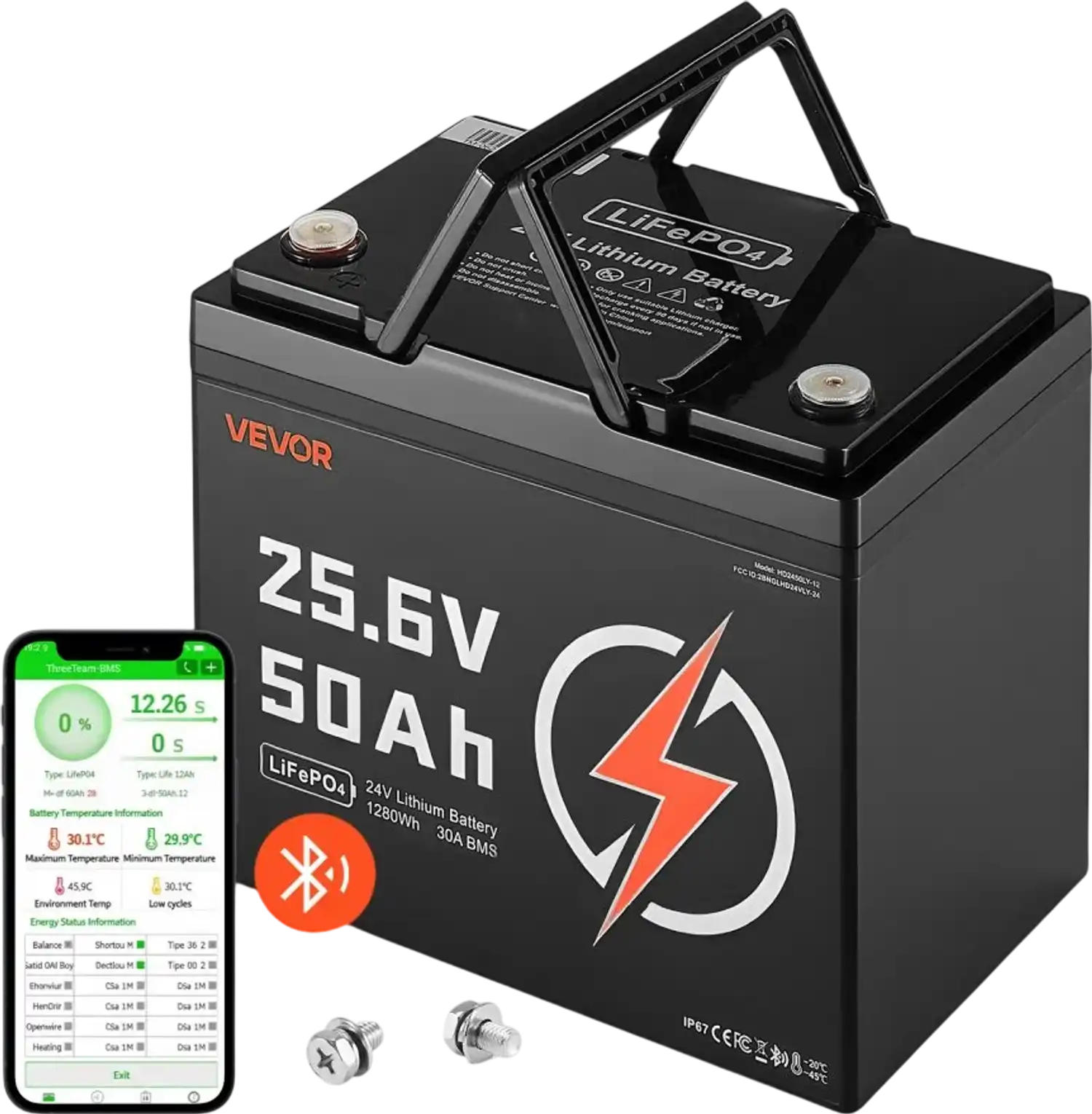 Vevor Battery 24V 50Ah LiFePO4 Lithium Bluetooth Deep Cycle Rechargeable Battery New