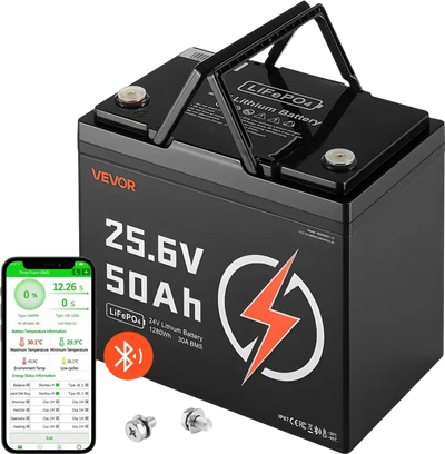 VEVOR 24V 50Ah LiFePO4 Lithium Battery, Bluetooth, Deep Cycle Lithium Rechargeable Battery, Built-in 30A BMS, Low Temp Protection, 4000+ Cycles, Max. 1280Wh, for RV, Camper, Trolling Motors, Marine