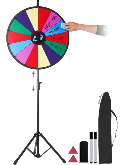 VEVOR 24 inch Spinning Prize Wheel, 14 Slots Spinning Wheel with Height Adjustable Stand, Roulette Wheel with a Dry Erase, and a Storage Bag, Win Fortune Spin Games in Party Pub Trade Show Carnival