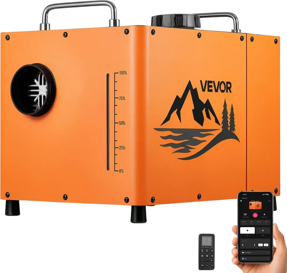 VEVOR Diesel Heater DC 12-24V 1.85 Gal / 7 L Fuel Tank Diesel Air Heater, For Outdoor Camping, Aluminum Element Fast Heating, with Bluetooth App Control, Remote Control, and LCD Panel, CO Alarm