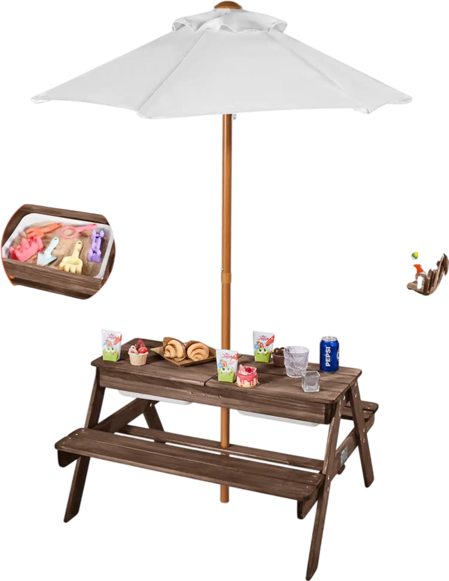 Vevor Picnic Table Kids Wooden Table and Bench Set with Umbrella 3-in-1 Sand & Water Table New