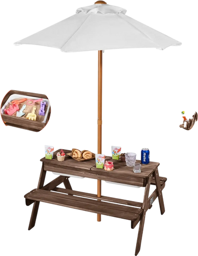 VEVOR Kids Picnic Table with Umbrella, 3-in-1 Sand & Water Table, Outdoor Wooden Table and Bench Set with 2 Trays, 4-People Patio Dining Furniture for Garden, Backyard and Porch (Walnut)