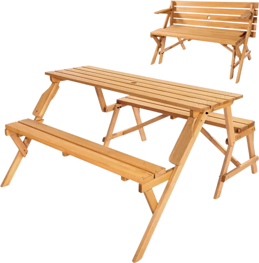 VEVOR 2-in-1 Transforming Interchangeable Picnic Table, Outdoor Wooden Table and Bench Set, Portable Foldable Bench with Umbrella Hole, Patio Dining Furniture for Garden, Backyard, Porch (Brown)