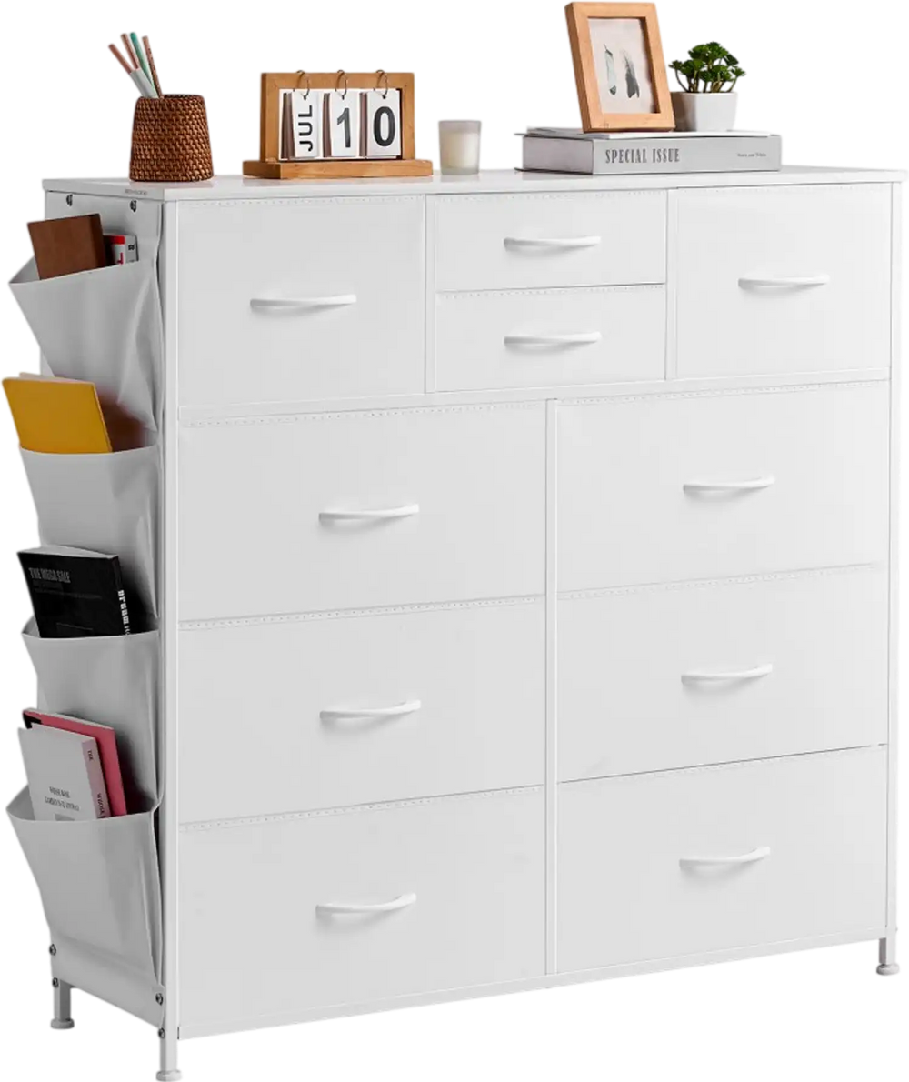 VEVOR 10 Drawer Dresser, Fabric Drawer Dresser with Fabric Bins, Closet Storage Drawers with Easy Pull Handle and Sturdy Steel Frame, Fabric Storage Tower for Bedroom, Hallway, Closet, Nursery, White