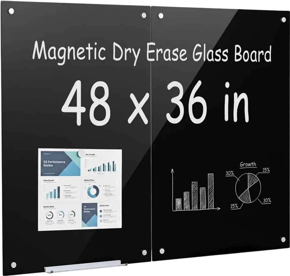 VEVOR Glass Dry Erase Board 2 Pack 35.4 x 23.6 in Black Magnetic Whiteboard, Wall-Mounted, Frameless, Thick Tempered Glass, with Markers, Magnets and Eraser, for Office, School Classroom, Home Study