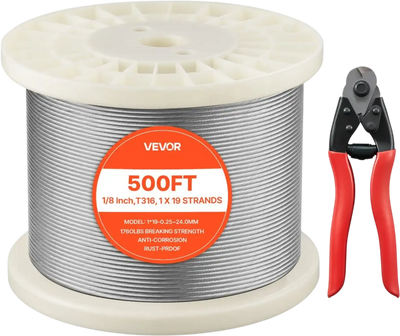 VEVOR 1/8 Inch Wire Rope, 500 ft Length, 316 Stainless Steel Wire Cable with Cutter, 1760 lbs Breaking Strength, 1 x 19 Strands Construction, Steel Cable for Deck Railing System, Garden Trellis
