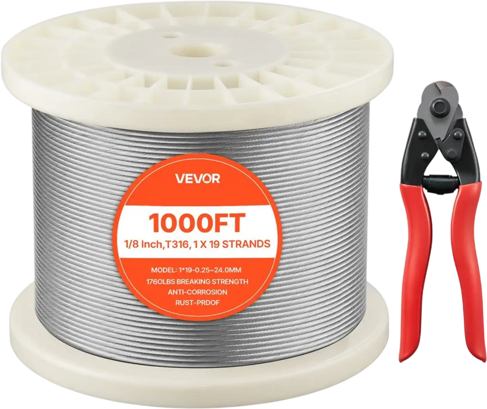 VEVOR 1/8 Inch Wire Rope, 1000 ft Length, 316 Stainless Steel Wire Cable with Cutter, 1760 lbs Breaking Strength, 1 x 19 Strands Construction, Steel Cable for Deck Railing System, Garden Trellis