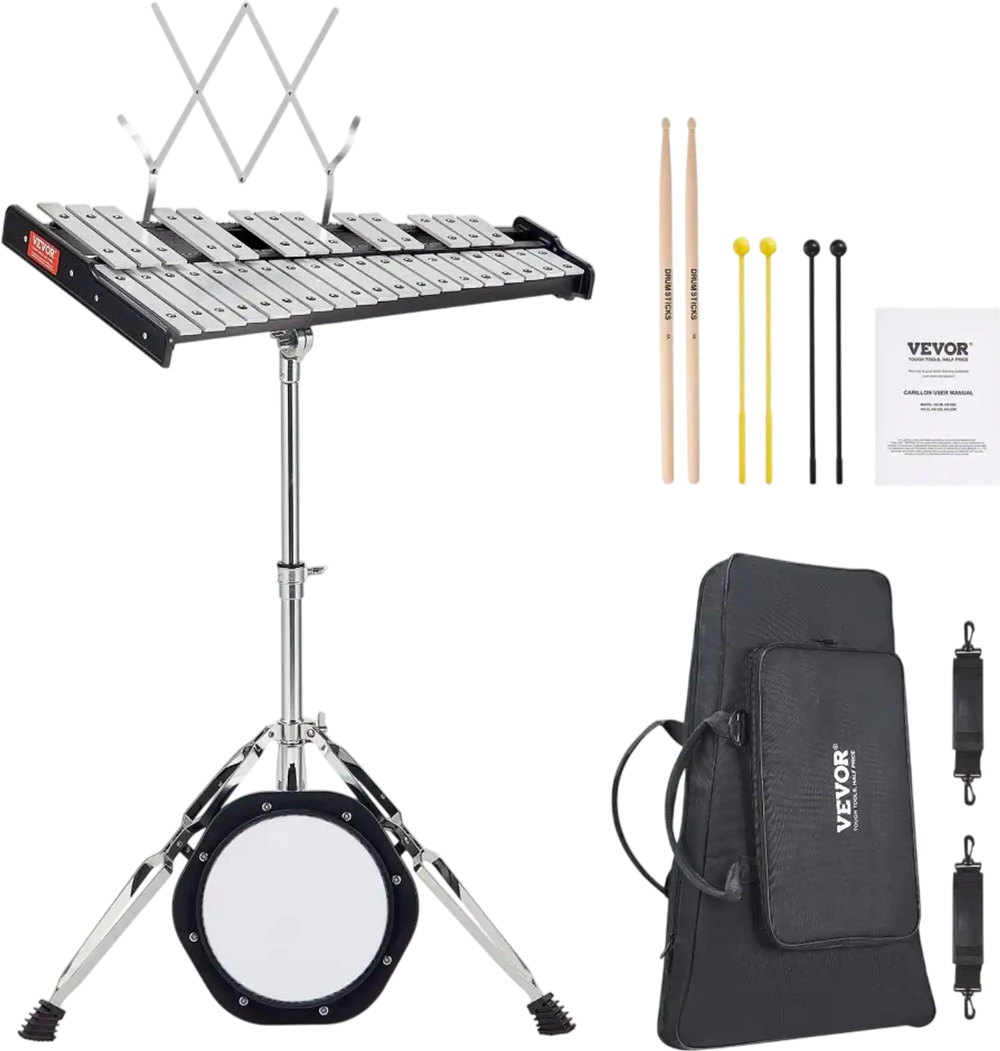 VEVOR 32 Note Glockenspiel Xylophone Bell Kit, Professional Percussion Instrument Set with Mallets, Drum Sticks, Music Stand,  8" Practice Pad, Adjustable Stand and Carrying Bag for Students & Adults