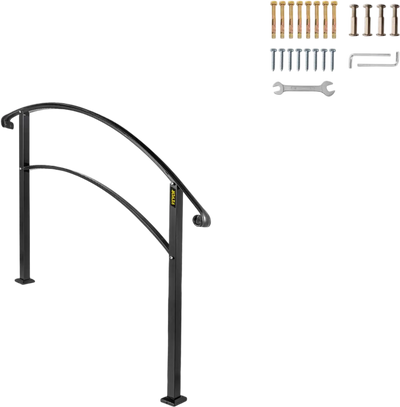 VEVOR Handrails for Outdoor Steps, Fit 1 or 3 Steps Outdoor Stair Railing, Black Wrought Iron Handrail, Flexible Front Porch Hand Rail, Transitional Handrails for Concrete Steps or Wooden Stairs