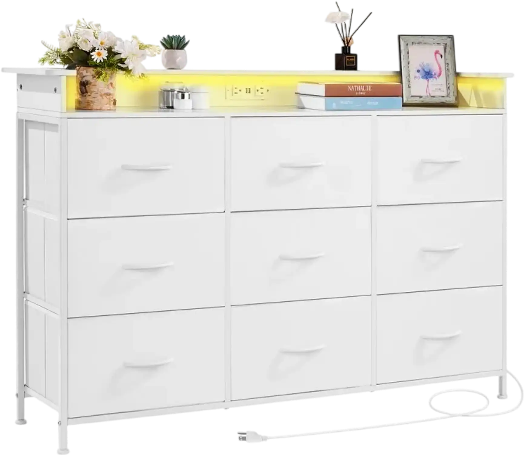 Vevor Dresser White 9-Drawer Fabric Storage Tower with LED Lights & Built-In Outlet New