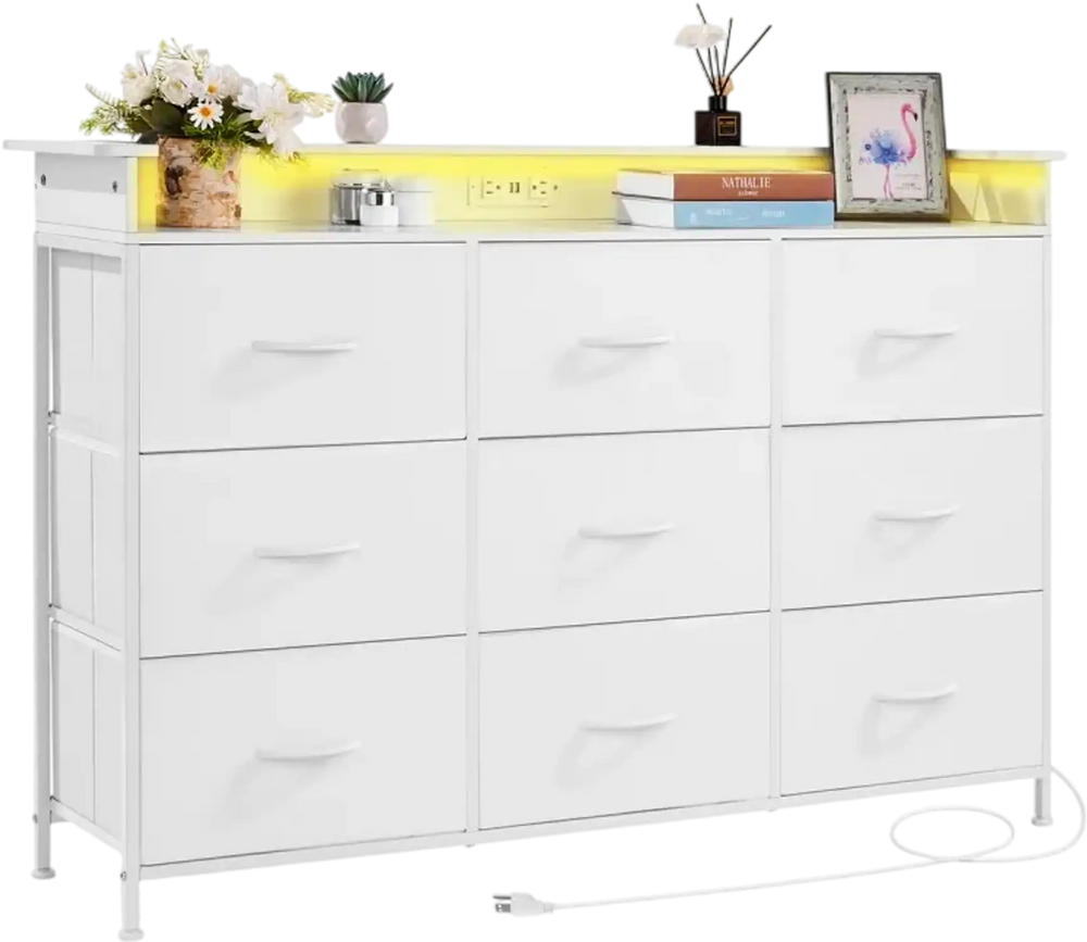 VEVOR 9 Drawer Dresser, Tall Drawer Dresser with Fabric Bin, Closet Storage Drawers with Sturdy Metal Frame, LED Lights & Built-in Outlet, Fabric Storage Tower for Bedroom, Hallway, Closet, White