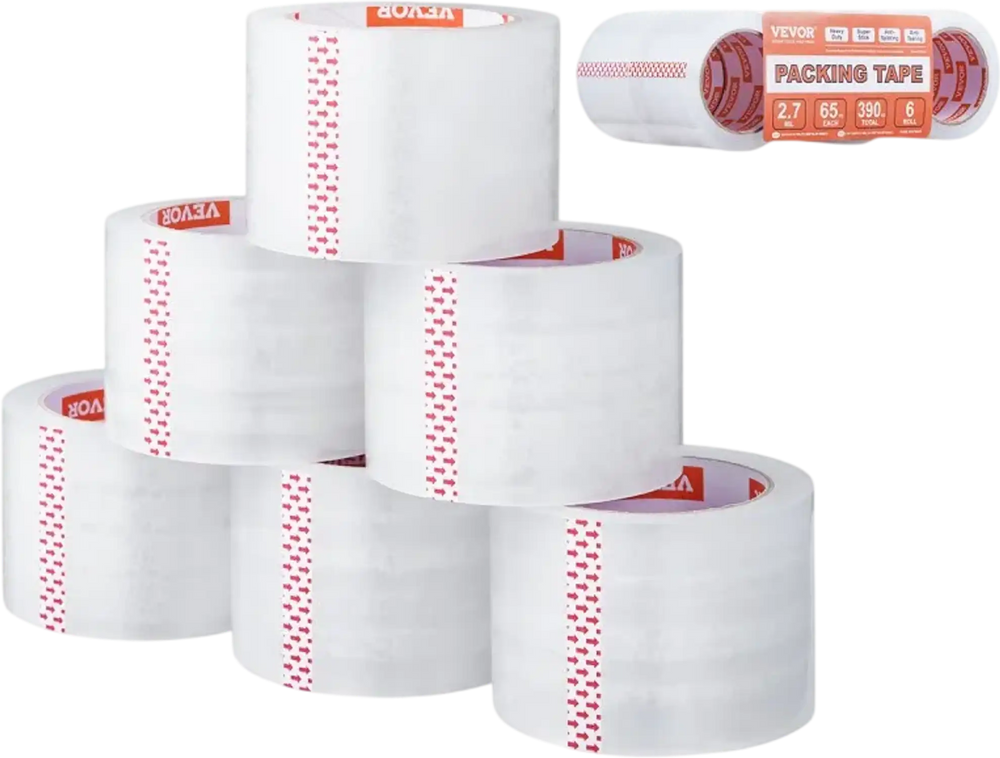 VEVOR Clear Packing Tape, 3 inches Core, 6 Rolls 3 Inches x 65 Yards Packing Tapes, 2.7 Mil Thick, Heavy Duty Packaging Tape Designed for Moving, Storage and Packing, Shipping and Mailing, Office