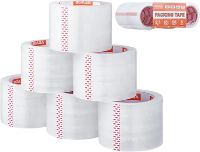 VEVOR Clear Packing Tape, 3 inches Core, 6 Rolls 3 Inches x 65 Yards Packing Tapes, 2.7 Mil Thick, Heavy Duty Packaging Tape Designed for Moving, Storage and Packing, Shipping and Mailing, Office