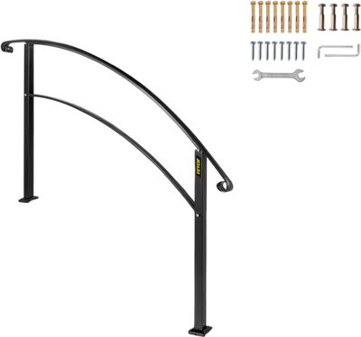 VEVOR 4-Step Handrail Fits 1 or 4 Steps Matte Black Stair Rail Wrought Iron Handrail with Installation Kit Hand Rails for Outdoor Steps