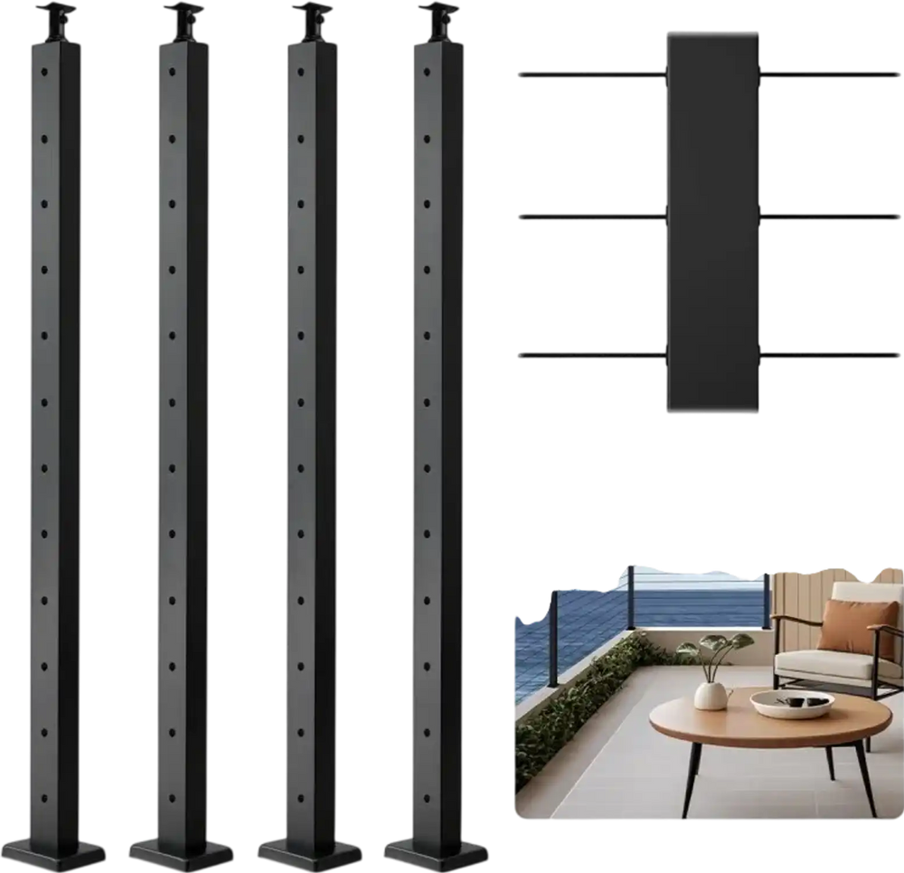 VEVOR 4-Pack Cable Railing Post, 42x2x2 In Horizontal-Hole Deck Railing Post with Pre-Drilled Holes, Stainless Steel Cable Rail Post with Horizontal and Curved Bracket, Black, 4JZLGZXHS106URZU0001V0
