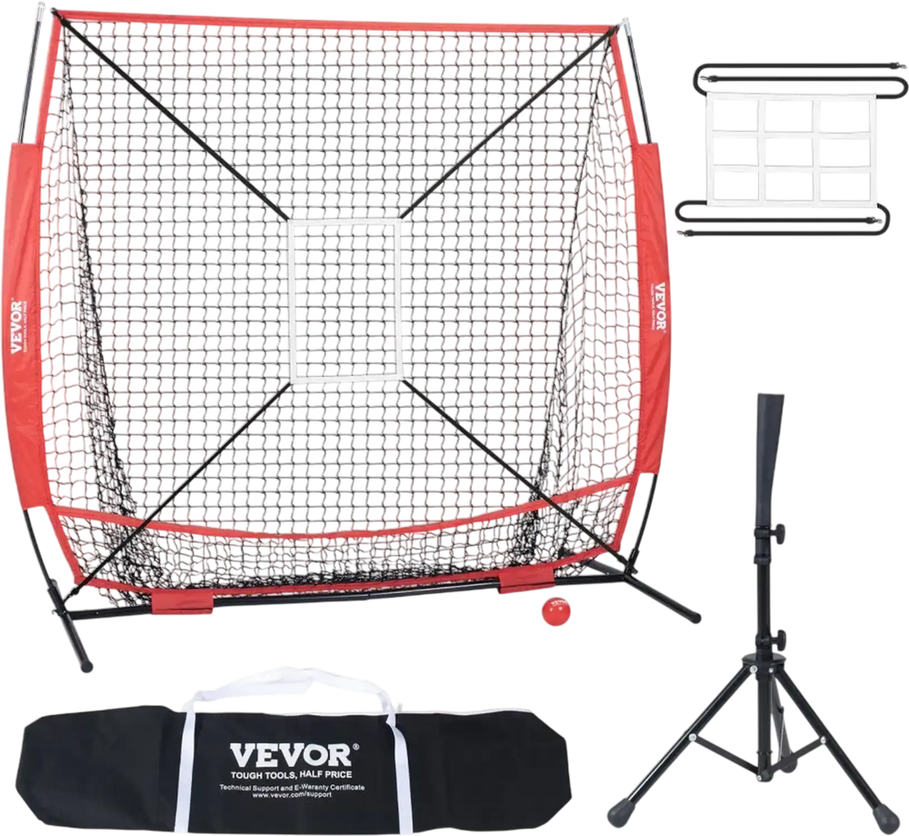 VEVOR 5x5 ft Baseball Softball Practice Net, Portable Baseball Training Net for Hitting Batting Catching Pitching, Backstop Baseball Equipment with Bow Frame, Carry Bag, Strike Zone, Ball, Batting Tee