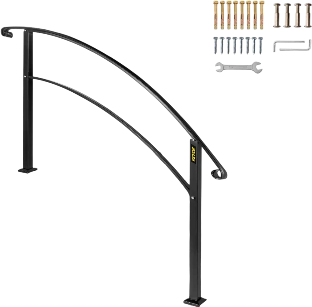 VEVOR Handrails for Outdoor Steps, Fit 1 or 5 Steps Outdoor Stair Railing, Black Wrought Iron Handrail, Flexible Front Porch Hand Rail, Transitional Handrails for Concrete Steps or Wooden Stairs
