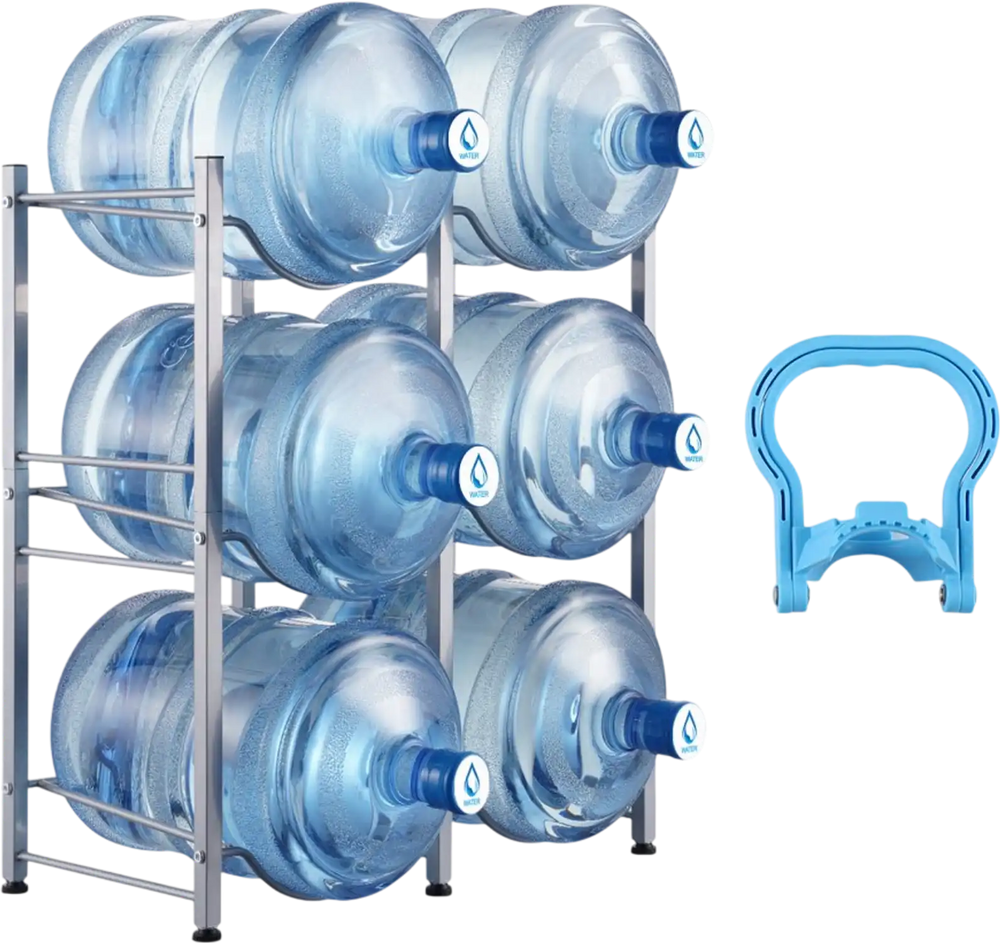 VEVOR 3 Tiers Water Jug Holder, 5 Gallon Water Bottle Holder, Double Row Water Bottle Rack for 6 Bottles, Heavy Duty Water Jug Rack for Kitchen, Office, Living Room, Silver