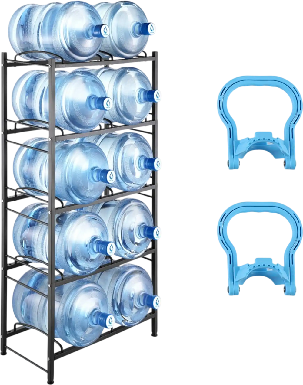 VEVOR 5 Tiers Water Jug Holder, 5 Gallon Water Bottle Holder, Double Row Water Bottle Rack for 10 Bottles, Heavy Duty Water Jug Rack for Kitchen, Office, Living Room, Black