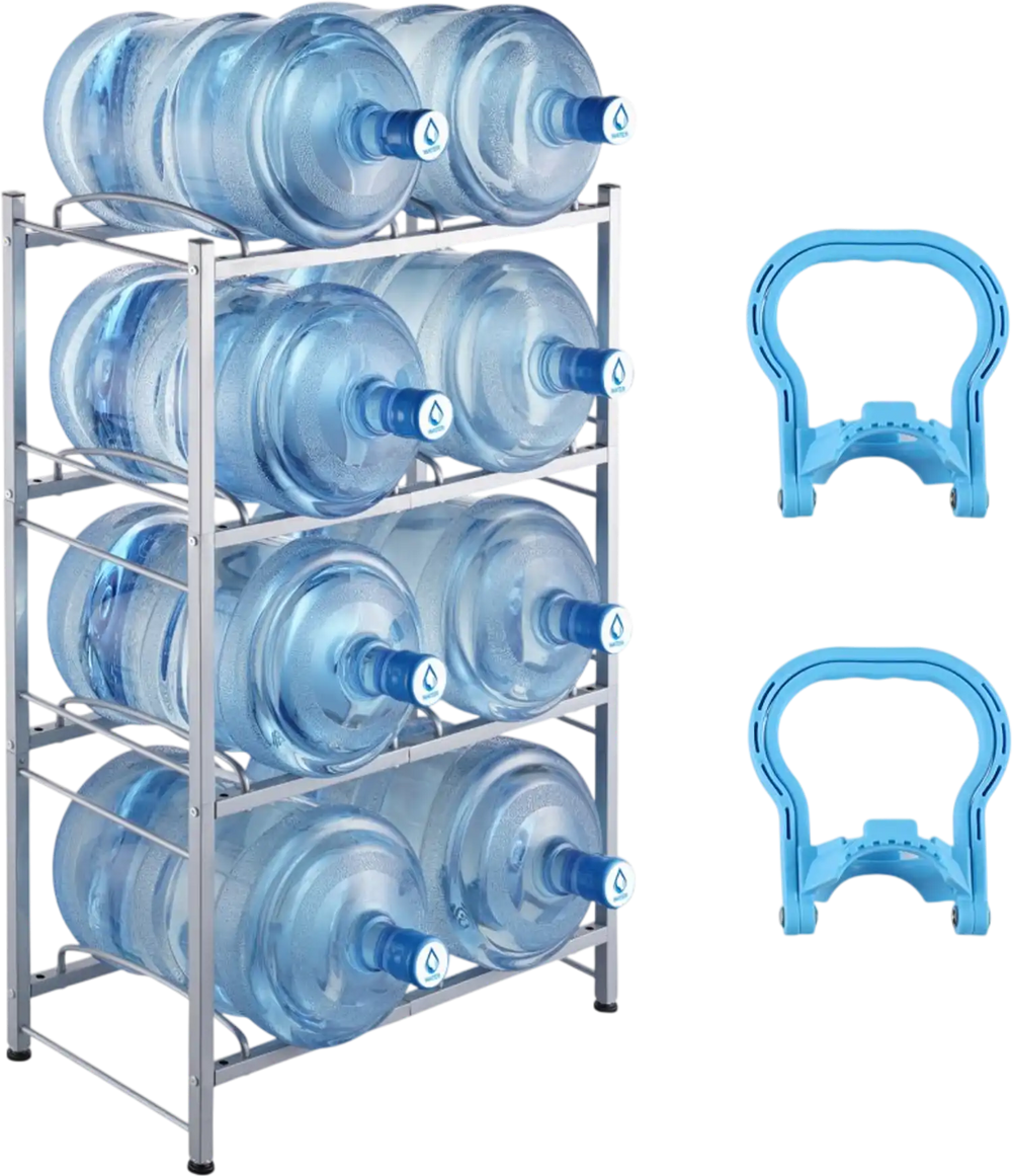 VEVOR 4 Tiers Water Jug Holder, 5 Gallon Water Bottle Holder, Double Row Water Bottle Rack for 8 Bottles, Heavy Duty Water Jug Rack for Kitchen, Office, Living Room, Silver
