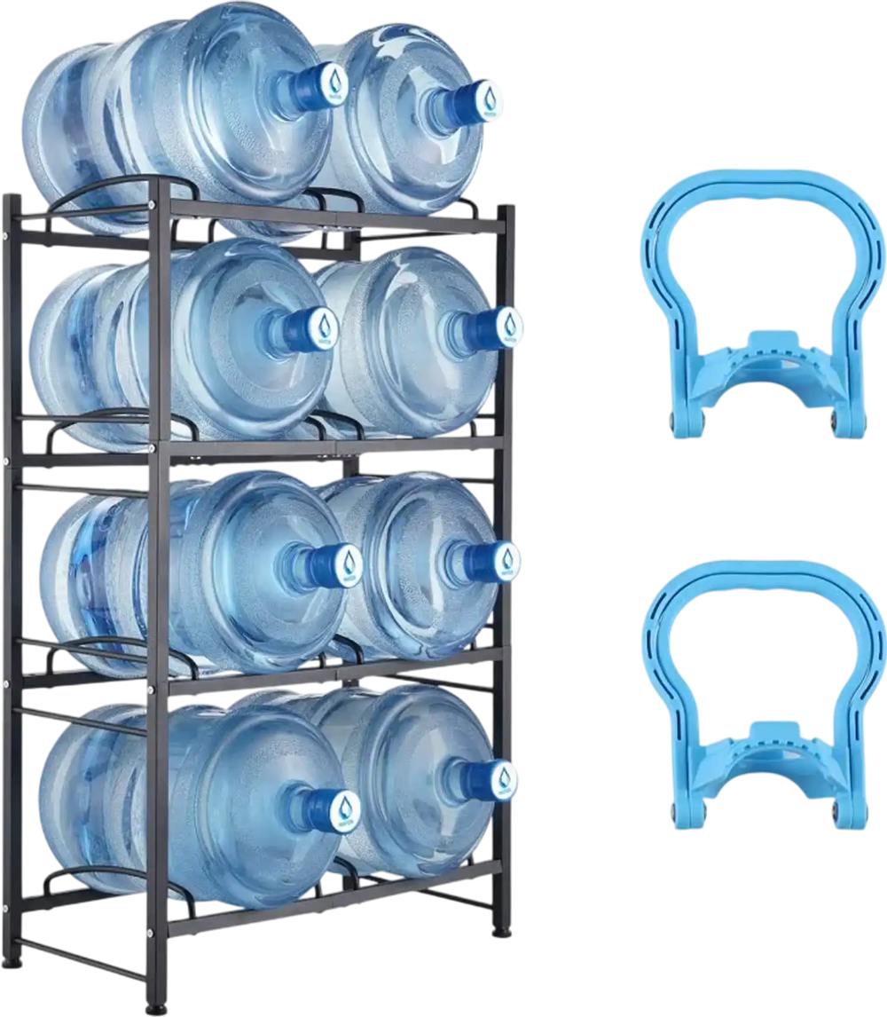 VEVOR 4 Tiers Water Jug Holder, 5 Gallon Water Bottle Holder, Double Row Water Bottle Rack for 8 Bottles, Heavy Duty Water Jug Rack for Kitchen, Office, Living Room, Black