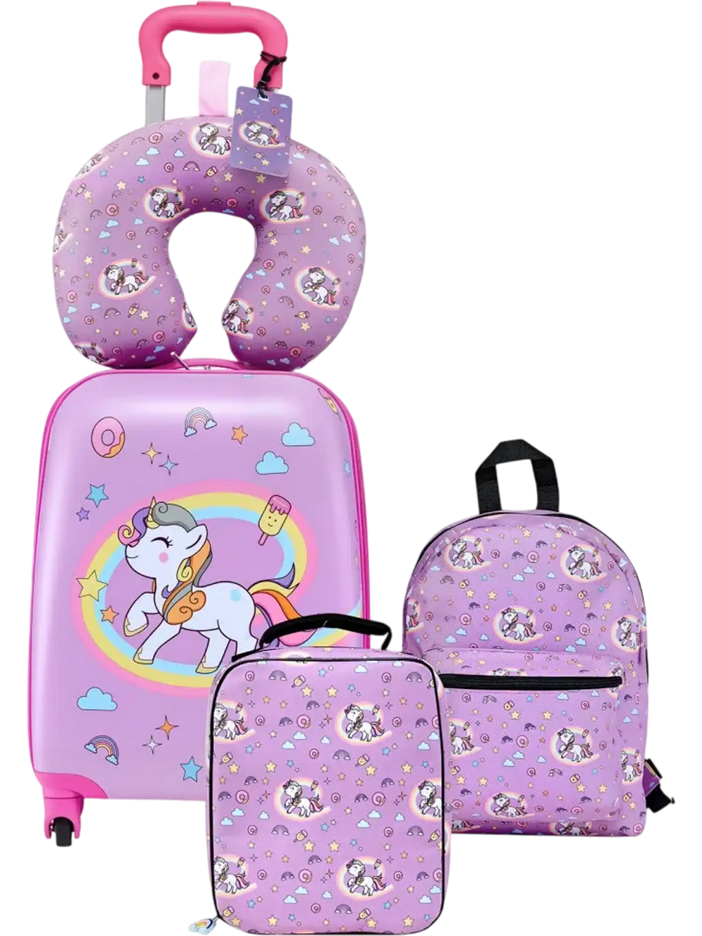 VEVOR Kids Luggage Set, 5 Piece, 18 Inch Hardside Rolling Wheels Suitcase with Backpack & U-shape Pillow, Unicorn Kids Carry on Luggage Set, Holiday Birthday Gift for Girls Boys, Airline Approved