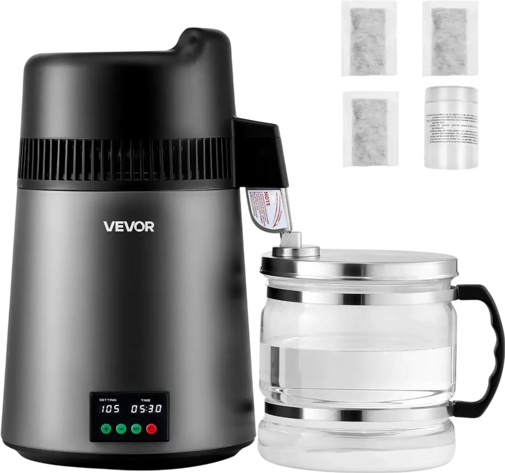 VEVOR Water Distiller, 6L 1.6 Gallon Larger Pure Water Purifier Filter For Home Table Countertop, 900W Glass Pot Distilled Maker, Stainless Steel Interior Drinking Machine to Make Clean Waters